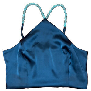 Sigrid Olsen Halter Neck Crop Satin Top Midnight Blue SMALL Smocked Turq Beads